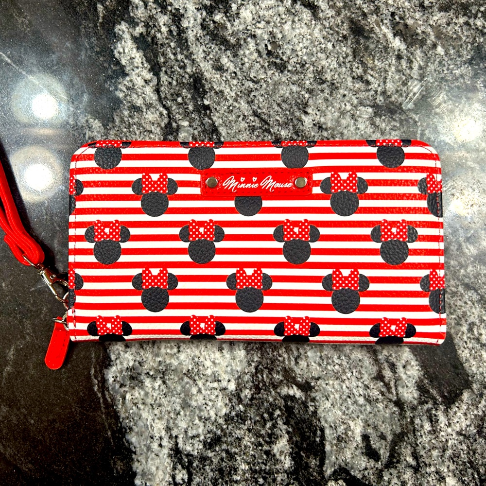 Disney Minnie Mouse red & white striped Zip Around Wristlet Wallet NEW